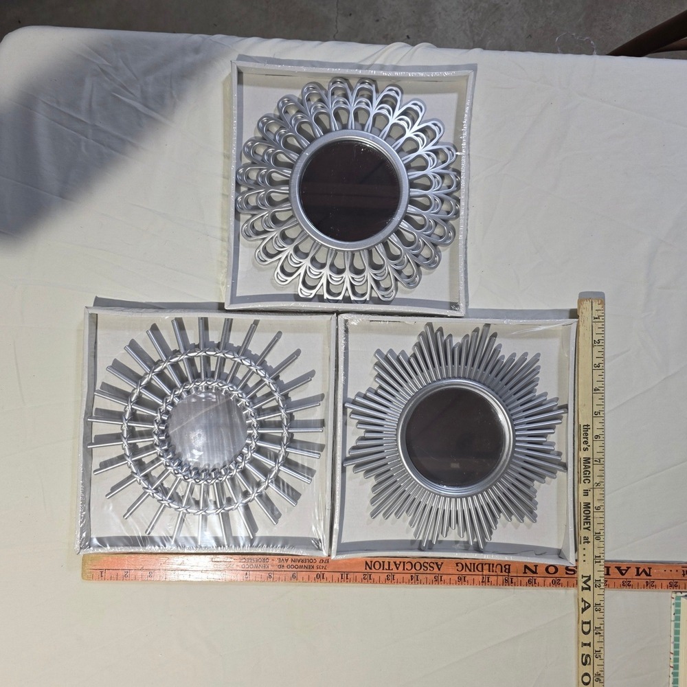 Silver Sunburst Wall Mirror Set of 3 Decorative Round Accent Mirrors 10x10